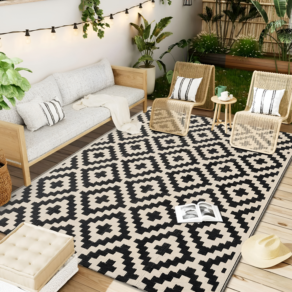 Tapis d'extérieur réversible – Antidérapant et résistant aux UV – Tapis en plastique pour camping et terrasse – Polypropylène, Géométrique