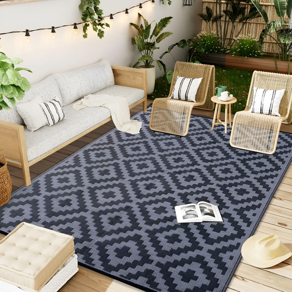 Tapis d'extérieur réversible – Antidérapant et résistant aux UV – Tapis en plastique pour camping et terrasse – Polypropylène, Géométrique