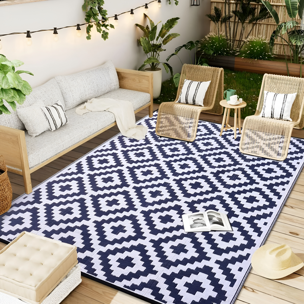 Tapis d'extérieur réversible – Antidérapant et résistant aux UV – Tapis en plastique pour camping et terrasse – Polypropylène, Géométrique