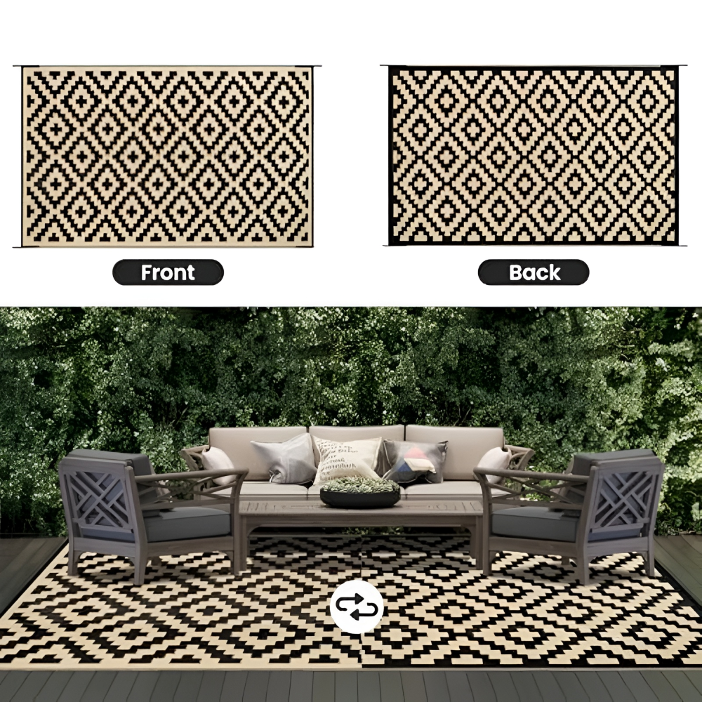 Tapis d'extérieur réversible – Antidérapant et résistant aux UV – Tapis en plastique pour camping et terrasse – Polypropylène, Géométrique