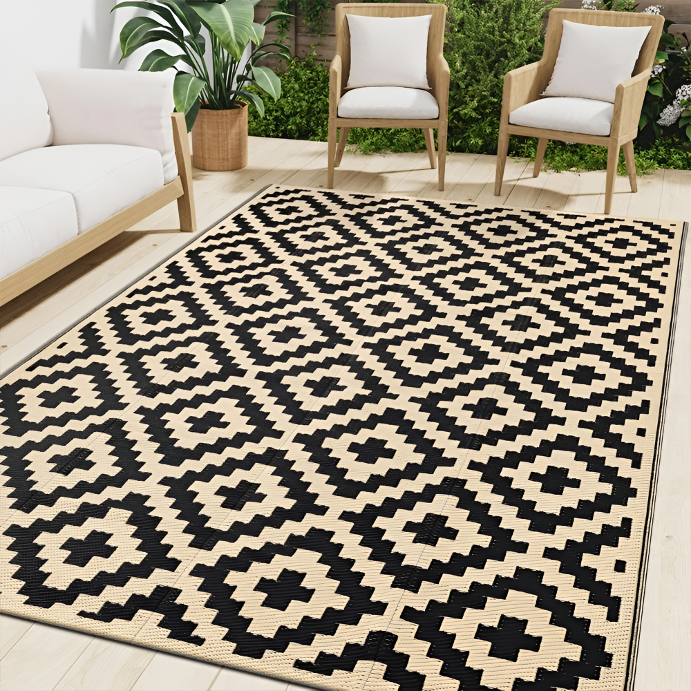 Tapis d'extérieur réversible – Antidérapant et résistant aux UV – Tapis en plastique pour camping et terrasse – Polypropylène, Géométrique