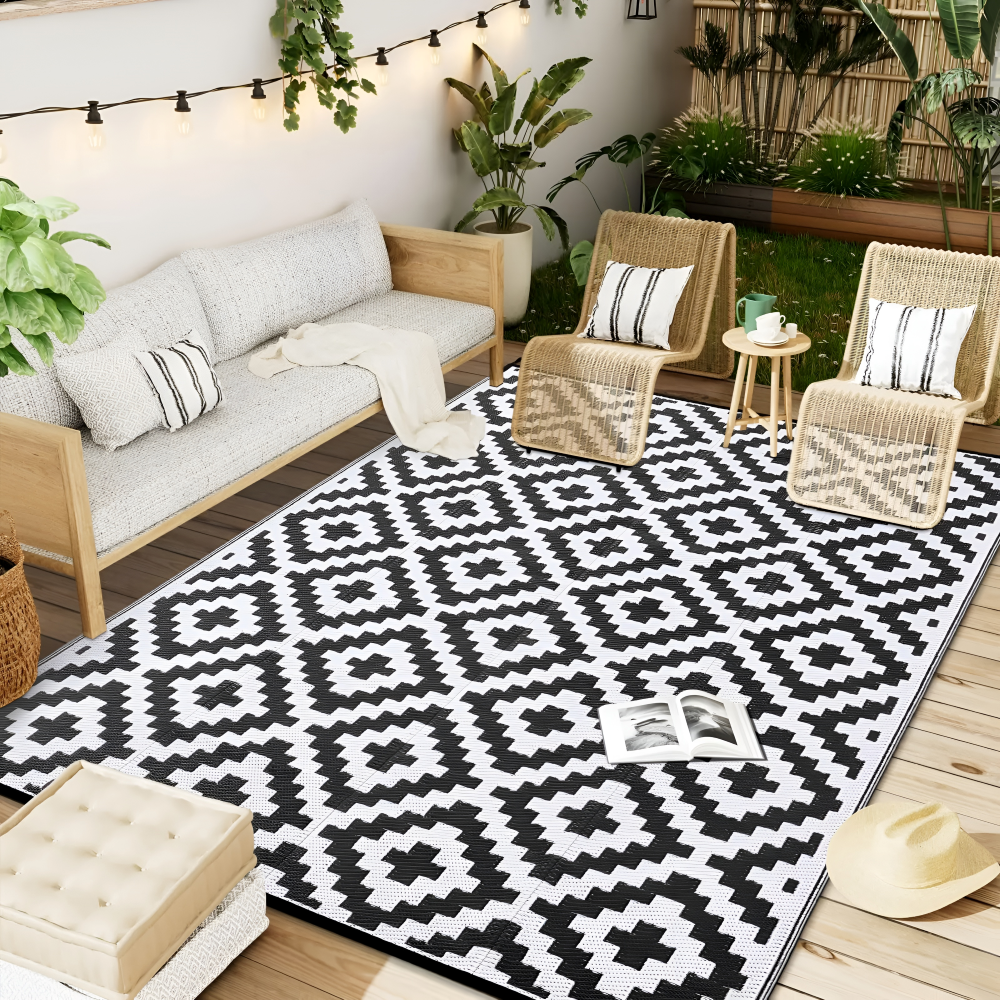 Tapis d'extérieur réversible – Antidérapant et résistant aux UV – Tapis en plastique pour camping et terrasse – Polypropylène, Géométrique