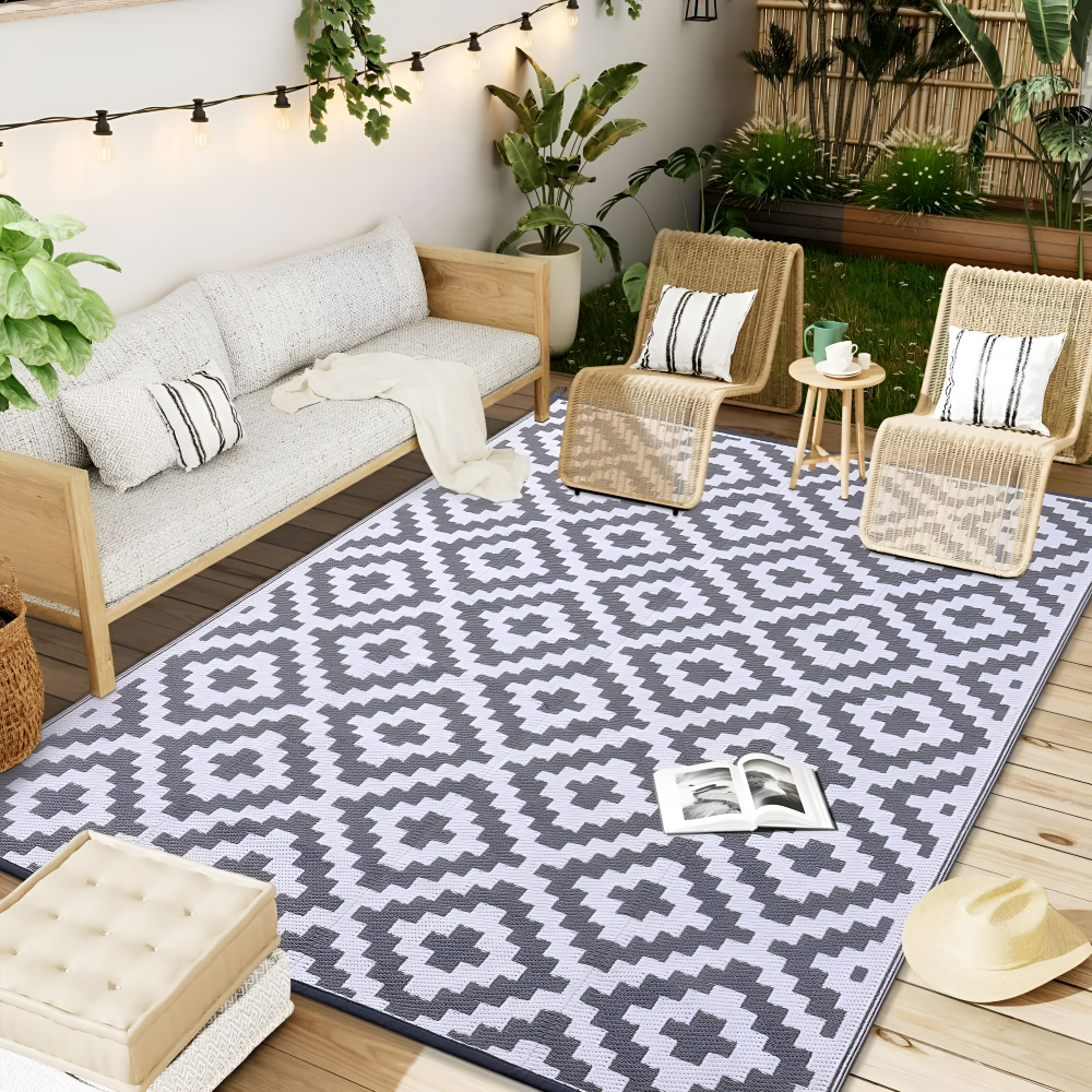 Tapis d'extérieur réversible – Antidérapant et résistant aux UV – Tapis en plastique pour camping et terrasse – Polypropylène, Géométrique