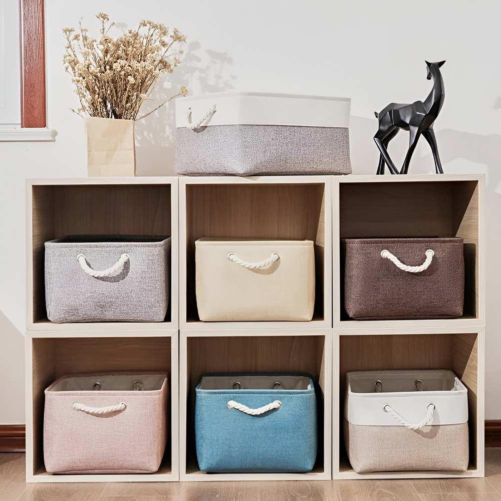 Boîte de rangement en tissu Oxford avec poignées en corde – Boîte en tissu pliable pour vêtements et jouets