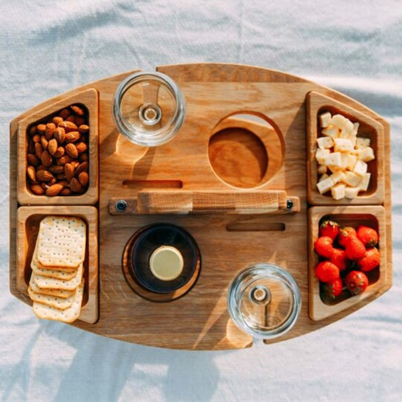 Table de pique-nique pliante en bois portable avec compartiments à collations pour une utilisation en extérieur