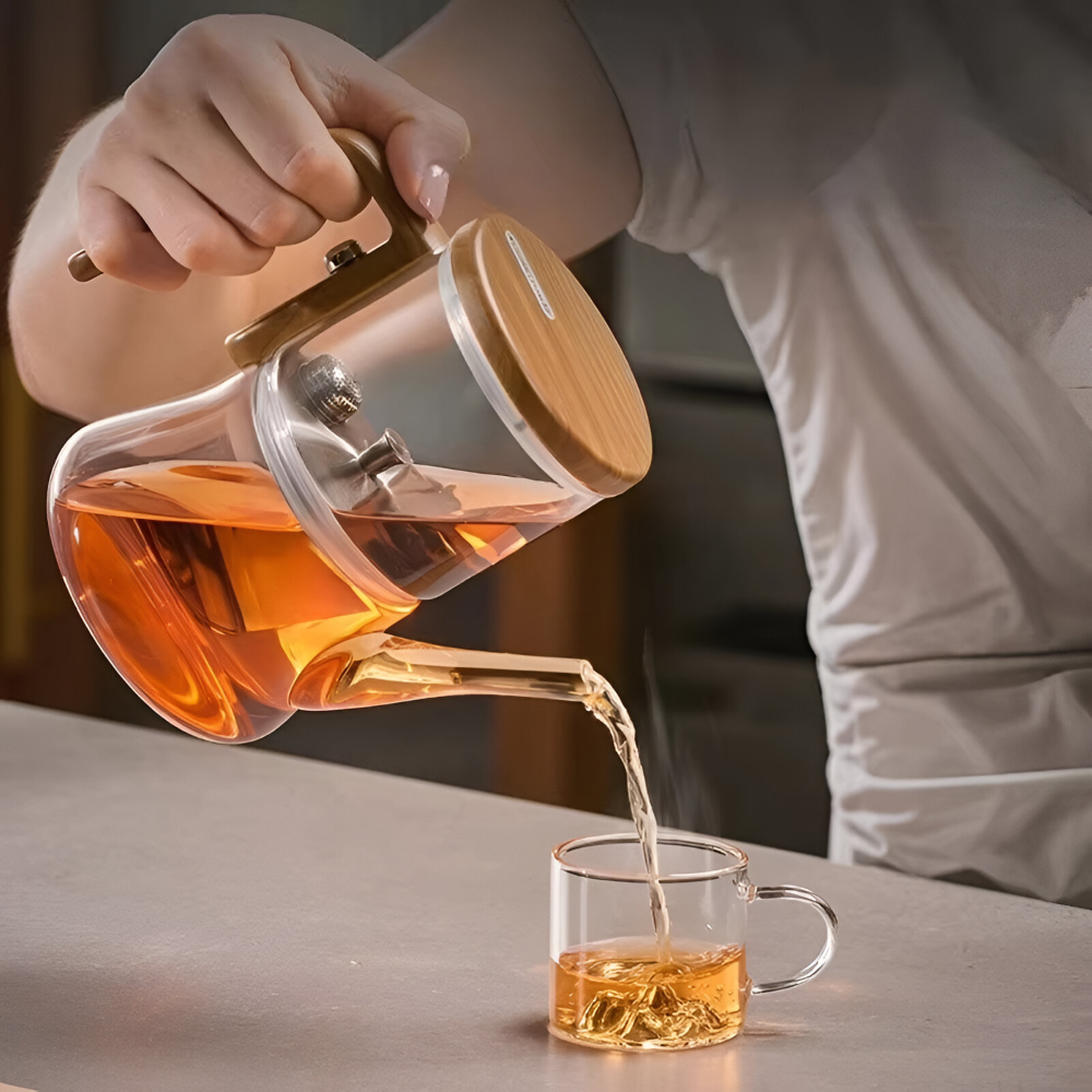 Bouilloire en verre premium 760 ml – Verre borosilicaté résistant à la chaleur avec filtre magnétique et finition en bois
