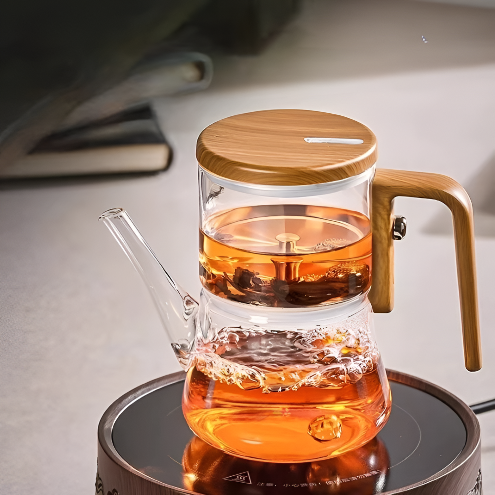 Bouilloire en verre premium 760 ml – Verre borosilicaté résistant à la chaleur avec filtre magnétique et finition en bois