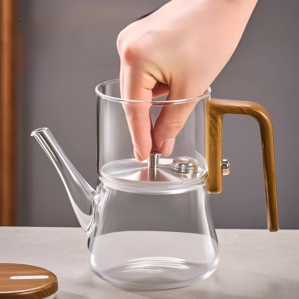 Bouilloire en verre premium 760 ml – Verre borosilicaté résistant à la chaleur avec filtre magnétique et finition en bois