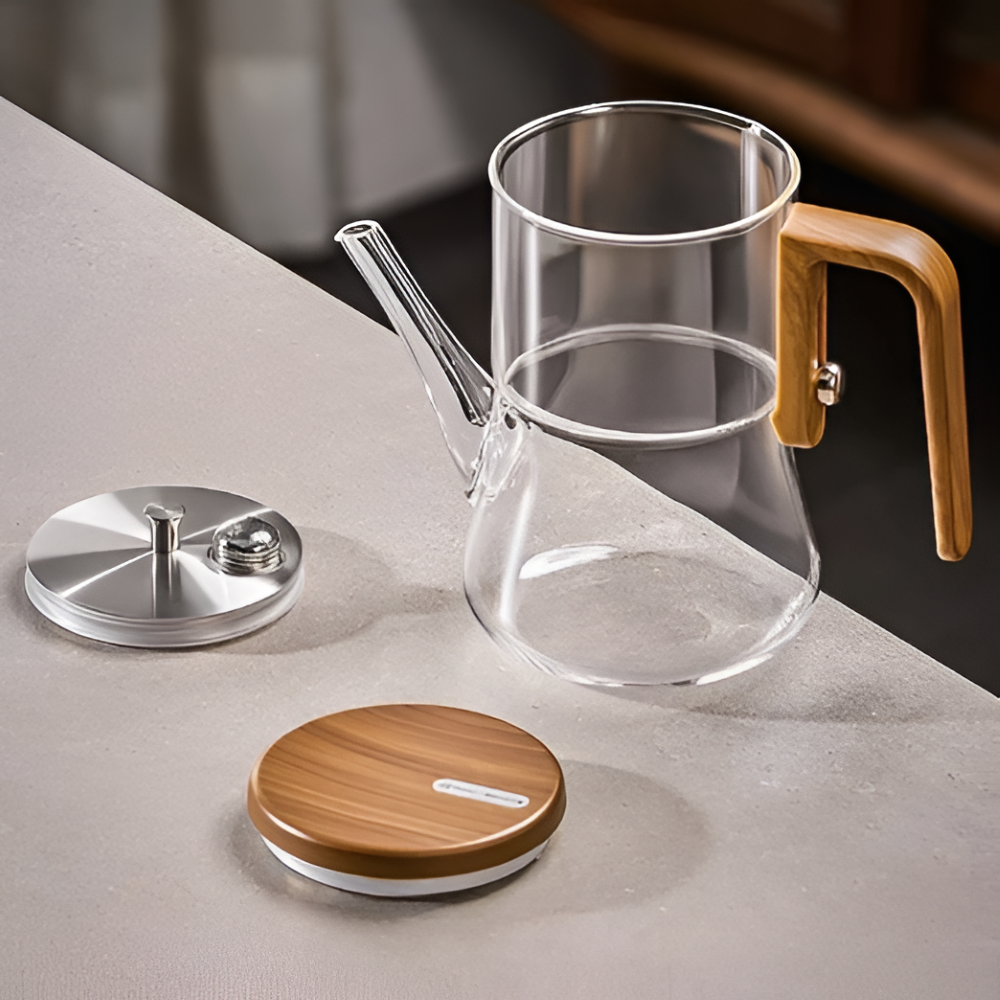 Bouilloire en verre premium 760 ml – Verre borosilicaté résistant à la chaleur avec filtre magnétique et finition en bois