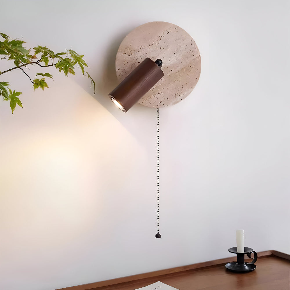 Lampe murale LED ronde en travertin et bois avec spot orientable