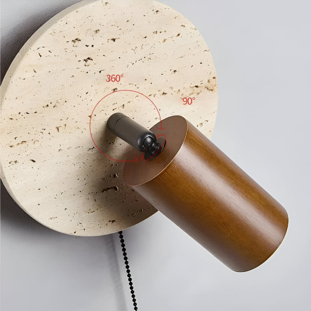 Lampe murale LED ronde en travertin et bois avec spot orientable