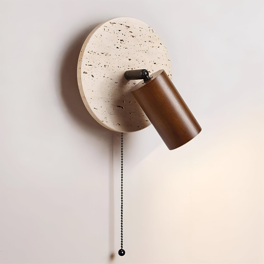 Lampe murale LED ronde en travertin et bois avec spot orientable