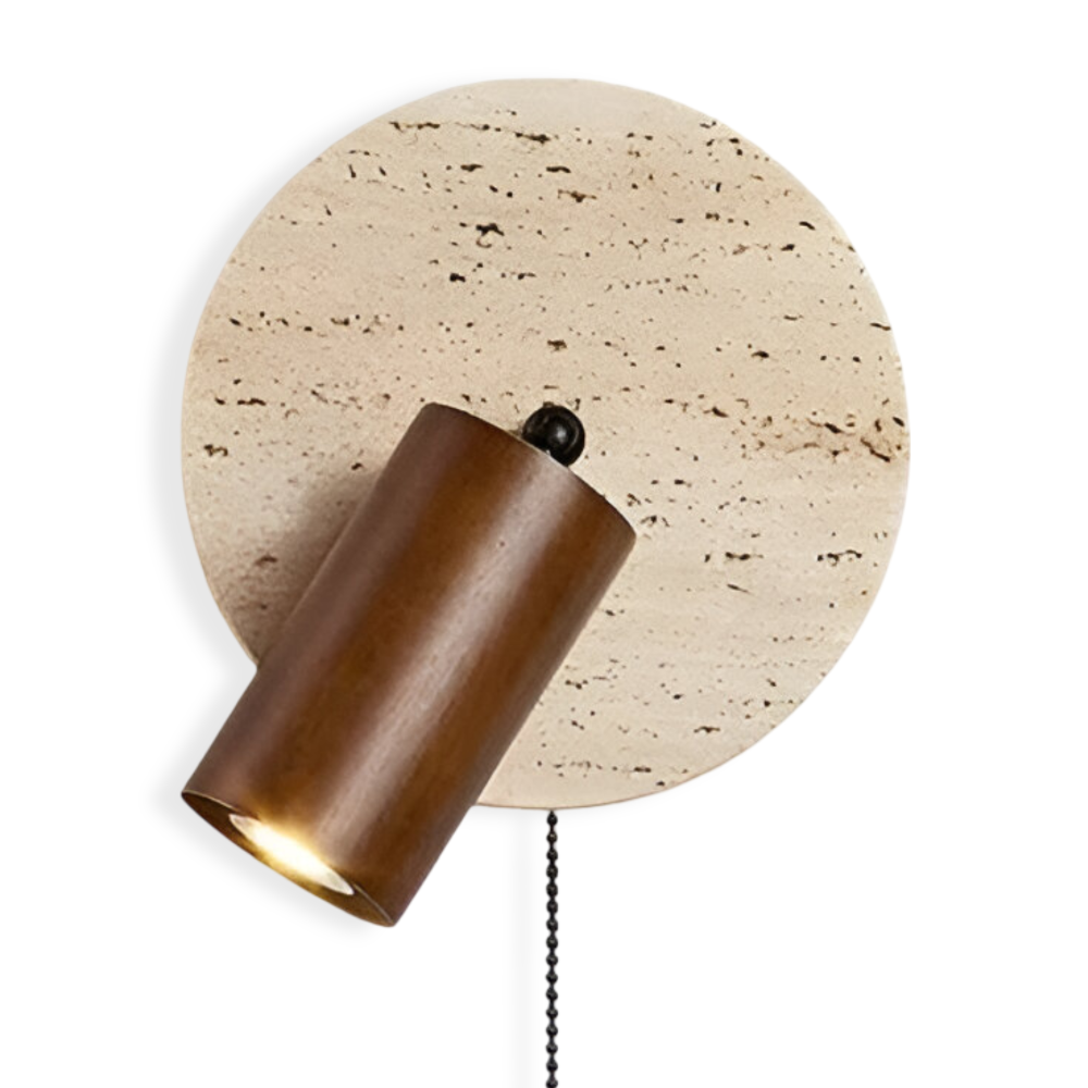Lampe murale LED ronde en travertin et bois avec spot orientable