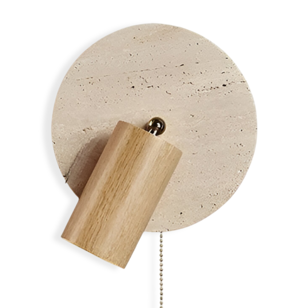 Lampe murale LED ronde en travertin et bois avec spot orientable