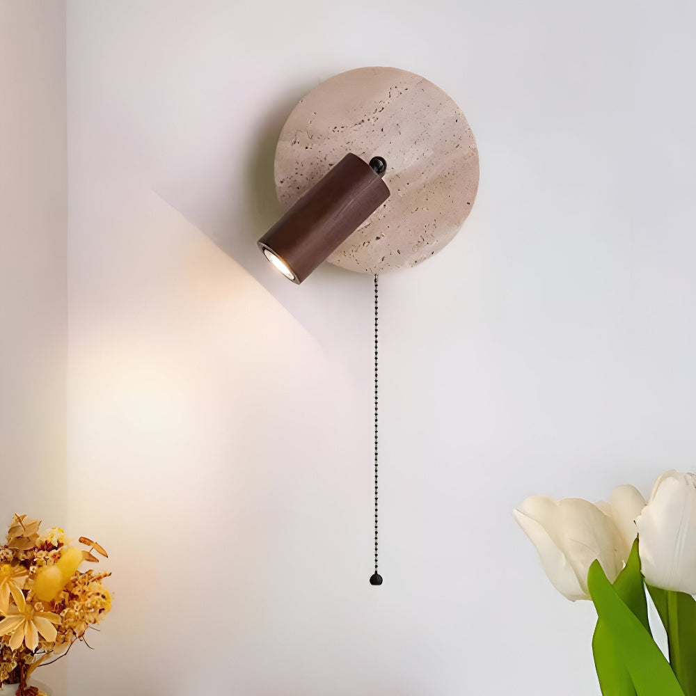 Lampe murale LED ronde en travertin et bois avec spot orientable