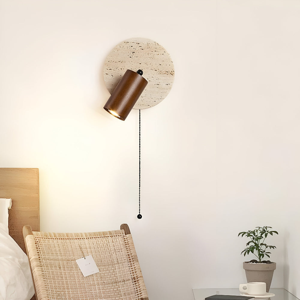 Lampe murale LED ronde en travertin et bois avec spot orientable
