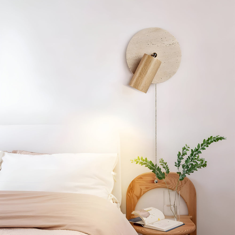 Lampe murale LED ronde en travertin et bois avec spot orientable