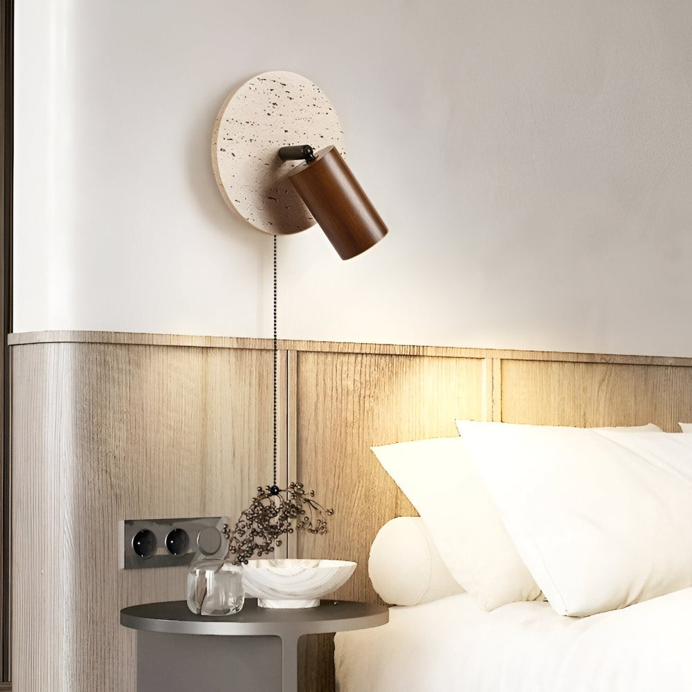 Lampe murale LED ronde en travertin et bois avec spot orientable