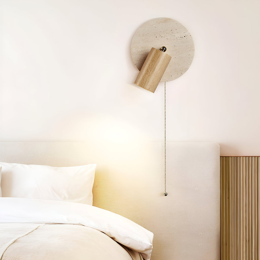 Lampe murale LED ronde en travertin et bois avec spot orientable