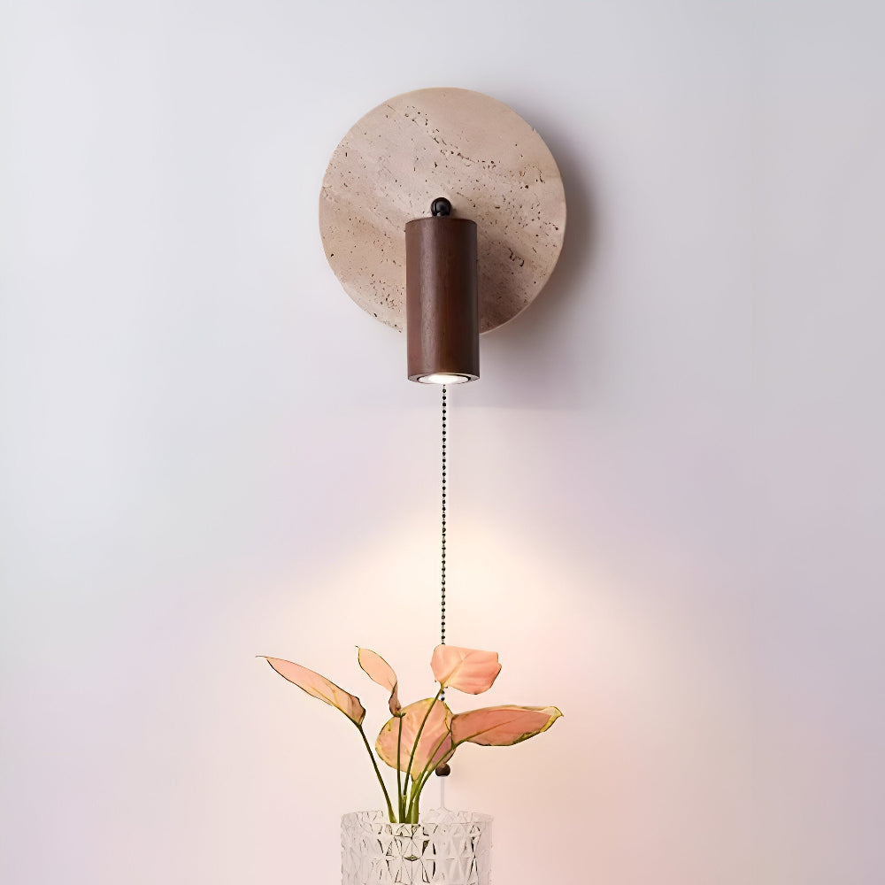 Lampe murale LED ronde en travertin et bois avec spot orientable