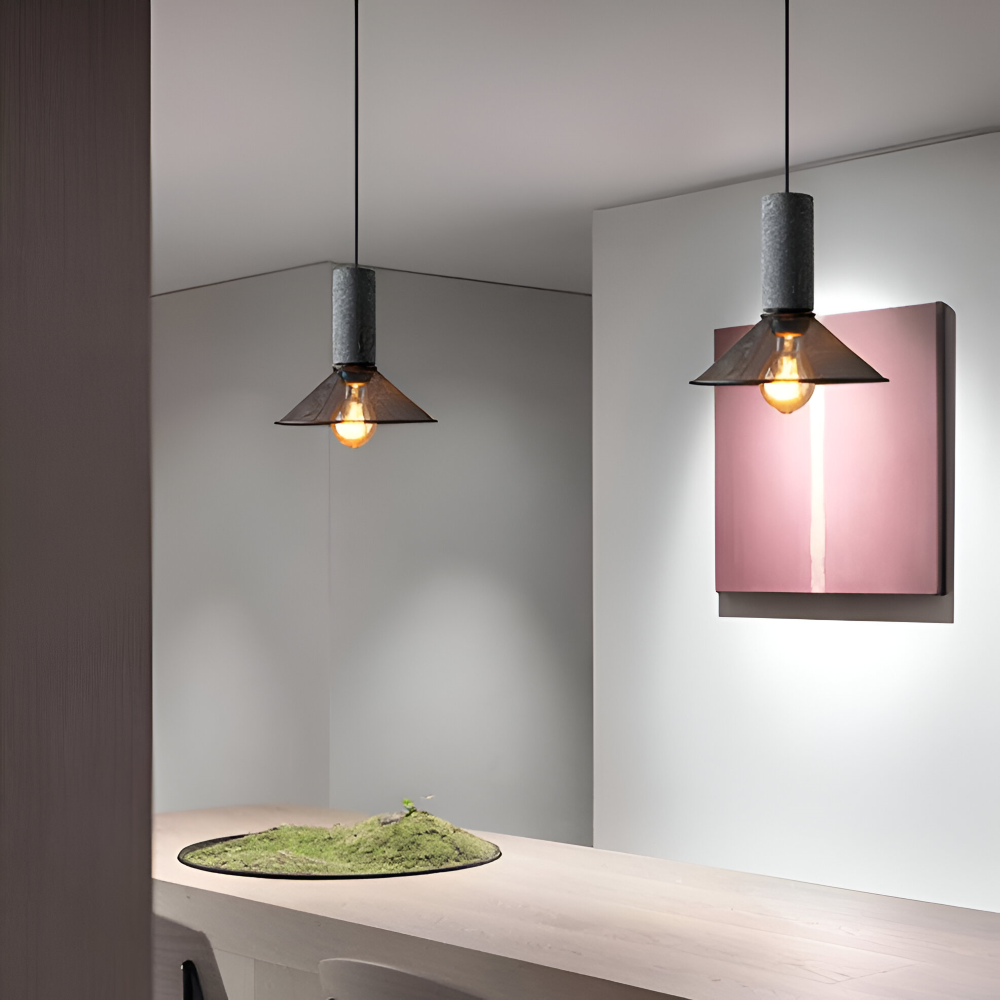 StoneLume Pendentif – Lampe à Pendule Industrielle Rustique en Pierre et Aluminium