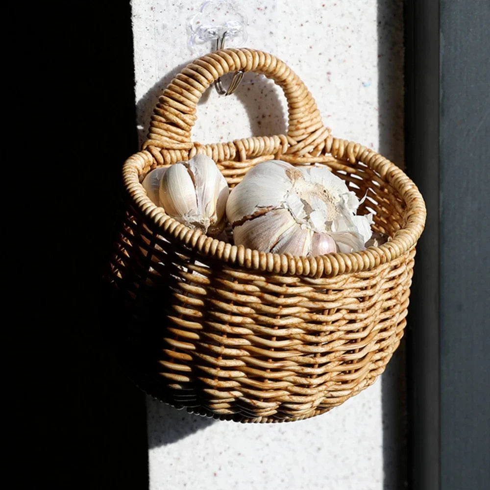 Panier de Rangement Tressé Rustique - Panier Mural Brun pour Fruits et Petits Objets