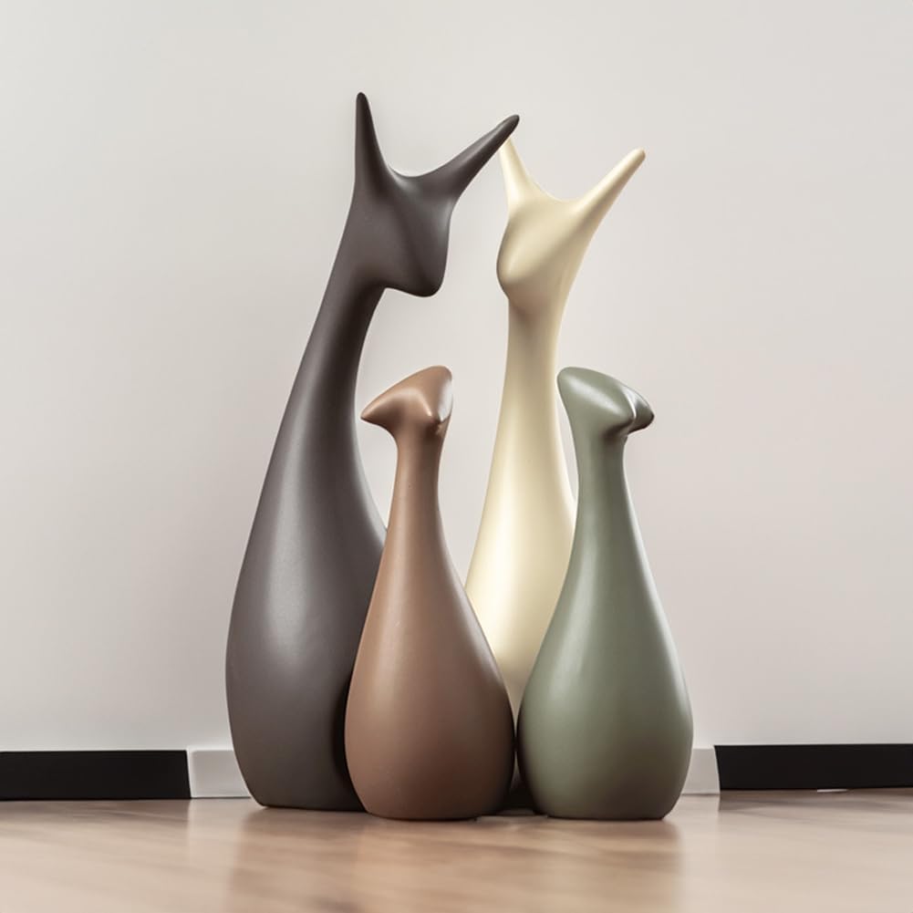 Ensemble de Figurines Décoratives Rustiques - Décoration en Céramique de Cerf 4 Pièces pour Salon et Jardin