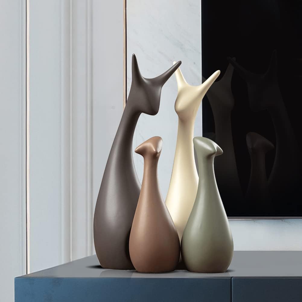 Ensemble de Figurines Décoratives Rustiques - Décoration en Céramique de Cerf 4 Pièces pour Salon et Jardin