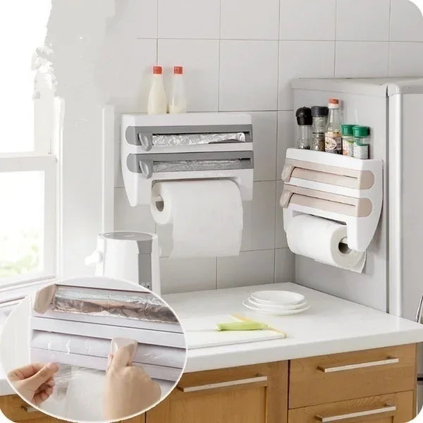 Distributeur de film alimentaire mural avec étagère à épices | Support de rouleau de cuisine 3-en-1 | Système de coupe et de rangement