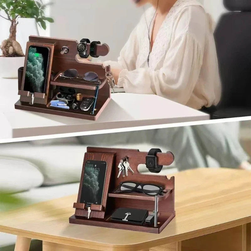 Station d'accueil pour téléphone de nuit en bois – Support multifonctionnel pour portefeuille, montre & rangement, idéal pour la Saint-Valentin