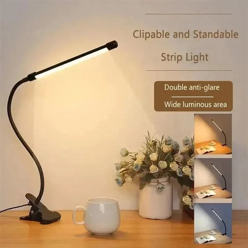 Lampe LED à pince LumaFlex | 3 couleurs de lumière & 10 niveaux de luminosité | Alimentation USB | Col de cygne flexible | Amie des yeux & Dimmable