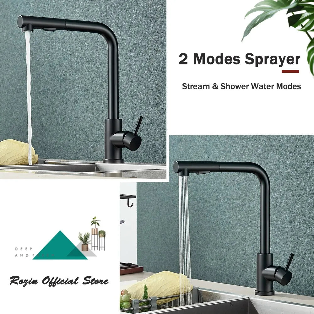 Robinet de cuisine noir extensible – Douchette flexible à 2 modes, mélangeur en acier inoxydable pour eau chaude et froide