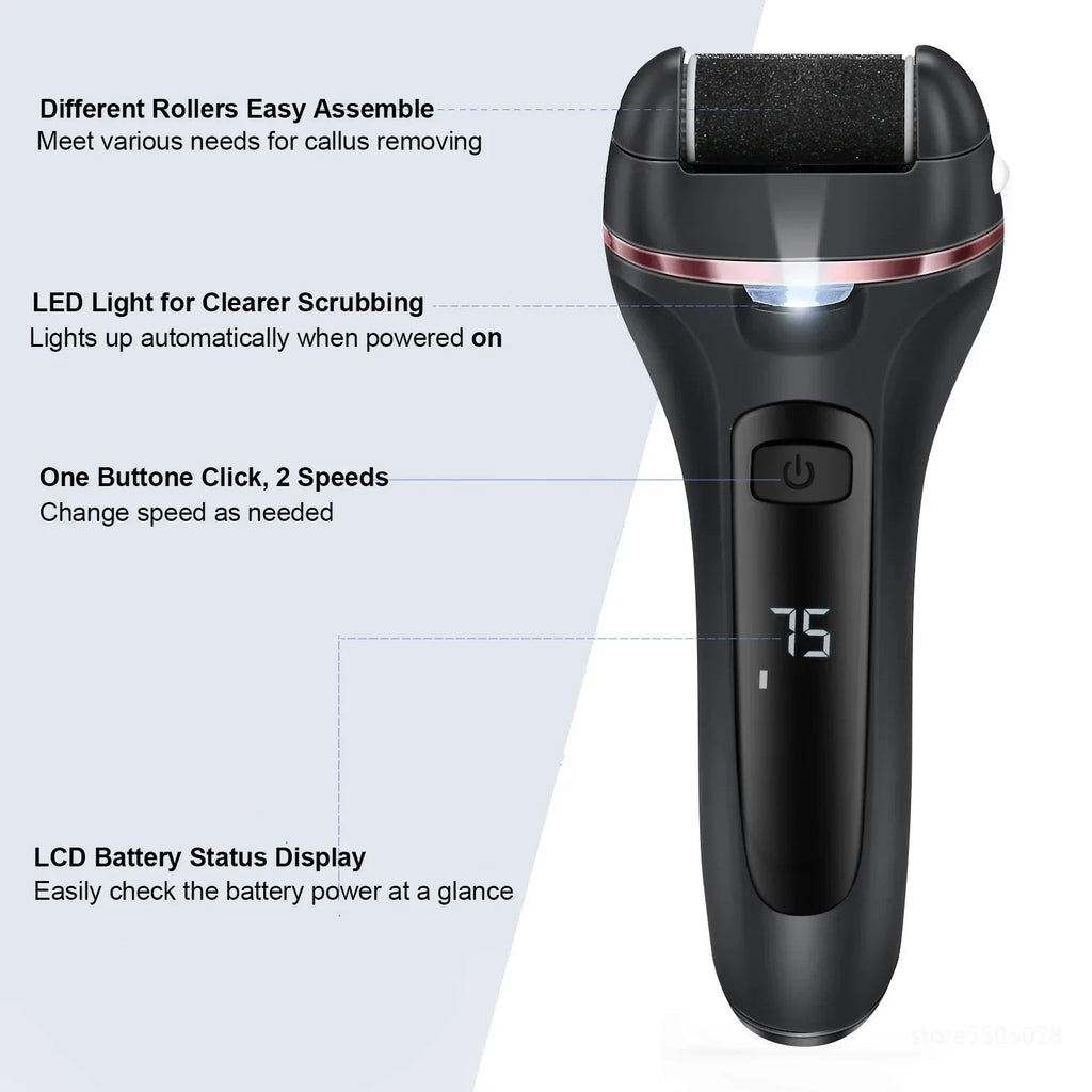 Rasoir électrique pour callosités Pediluxe Pro | Avec 3 têtes de meulage, LED & LCD | Rechargeable & étanche IPX7 | Pour des pieds lisses et soignés