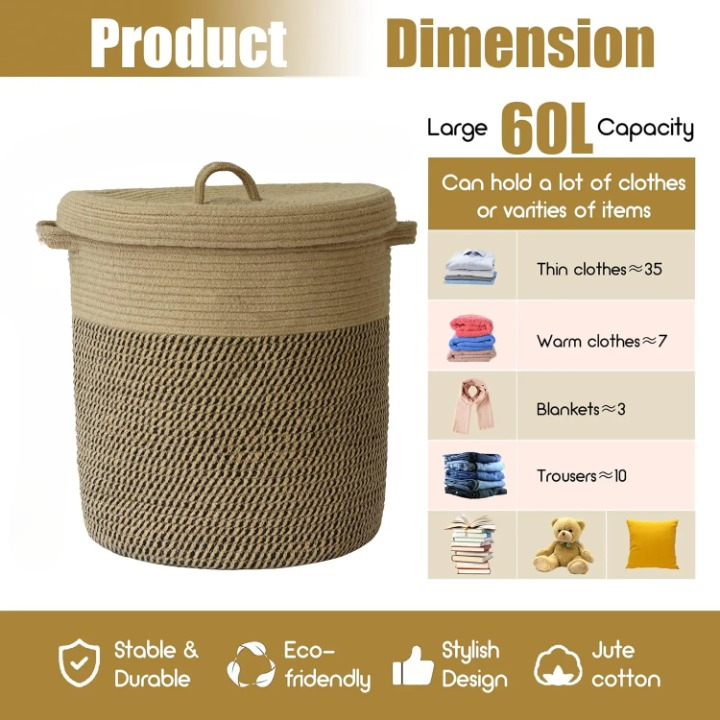 Panier tressé pour le linge et le rangement avec couvercle 60L – Amara