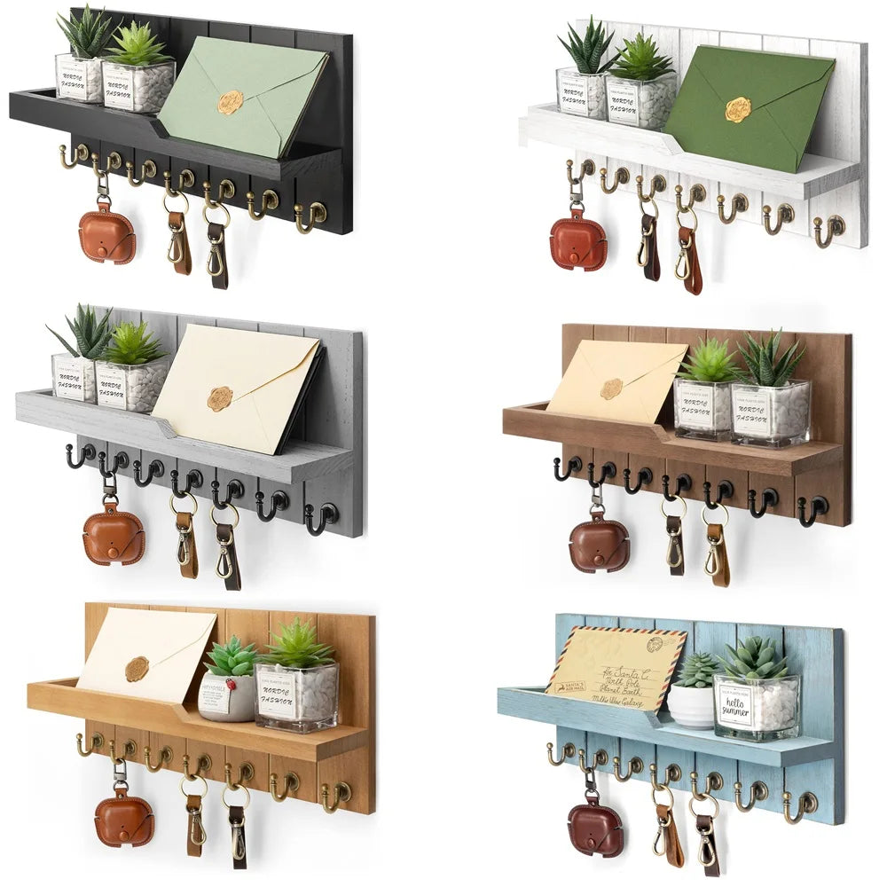 Porte-clés en Bois avec Étagère - Solution Murale Élégante pour Clés et Courrier
