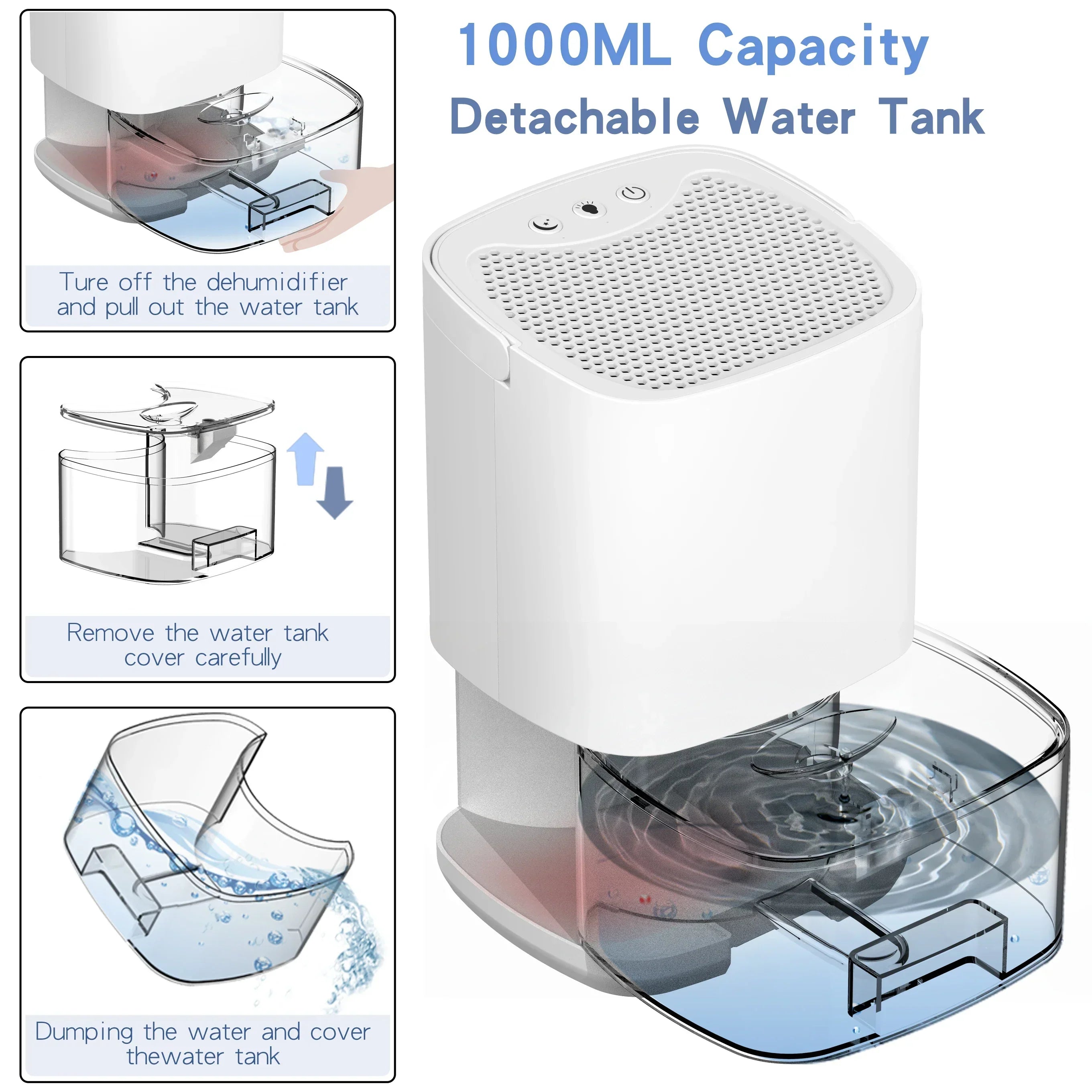Déshumidificateur portable 2 en 1 de 1000 ml avec filtre à air et veilleuse – Aveline