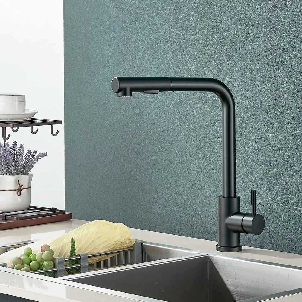 Robinet de cuisine noir extensible – Douchette flexible à 2 modes, mélangeur en acier inoxydable pour eau chaude et froide
