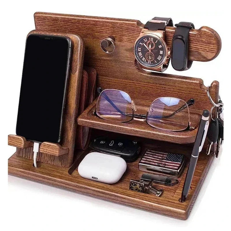 Station d'accueil pour téléphone de nuit en bois – Support multifonctionnel pour portefeuille, montre & rangement, idéal pour la Saint-Valentin