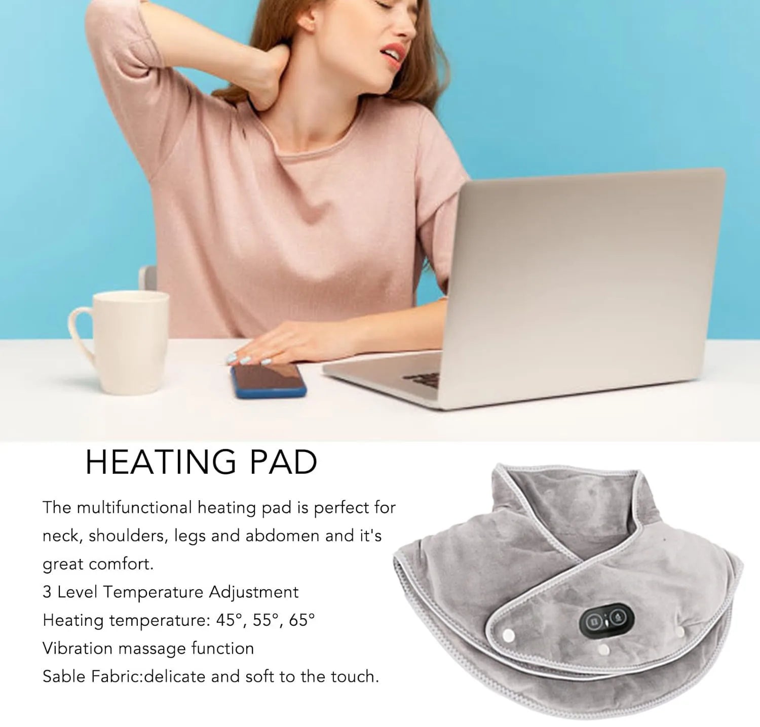 Massager de cou et d'épaules chauffant ThermoLiva | Coussin chauffant USB avec vibration | 3 niveaux de température & minuterie | Doux en peluche