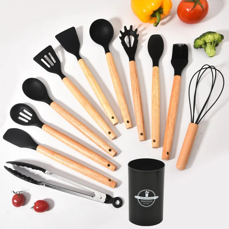 Set d'ustensiles de cuisine en silicone Culinora | Résistant à la chaleur jusqu'à 230 °C | 12 pièces avec poignées en bois | Fouet, spatule, pince et plus