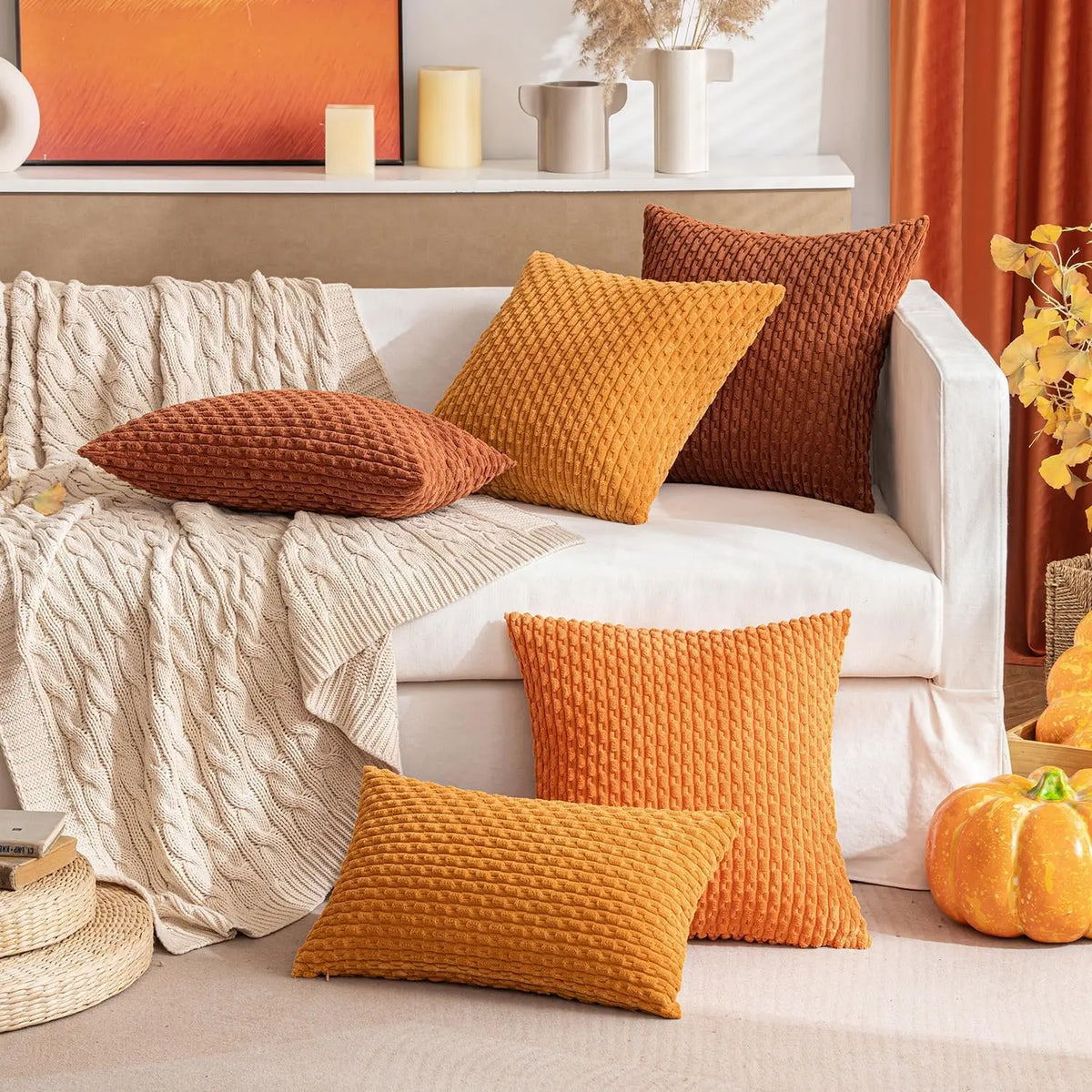 Housse de coussin en velours côtelé boho – Housse de coussin décoratif rayée élégante pour canapé ou lit