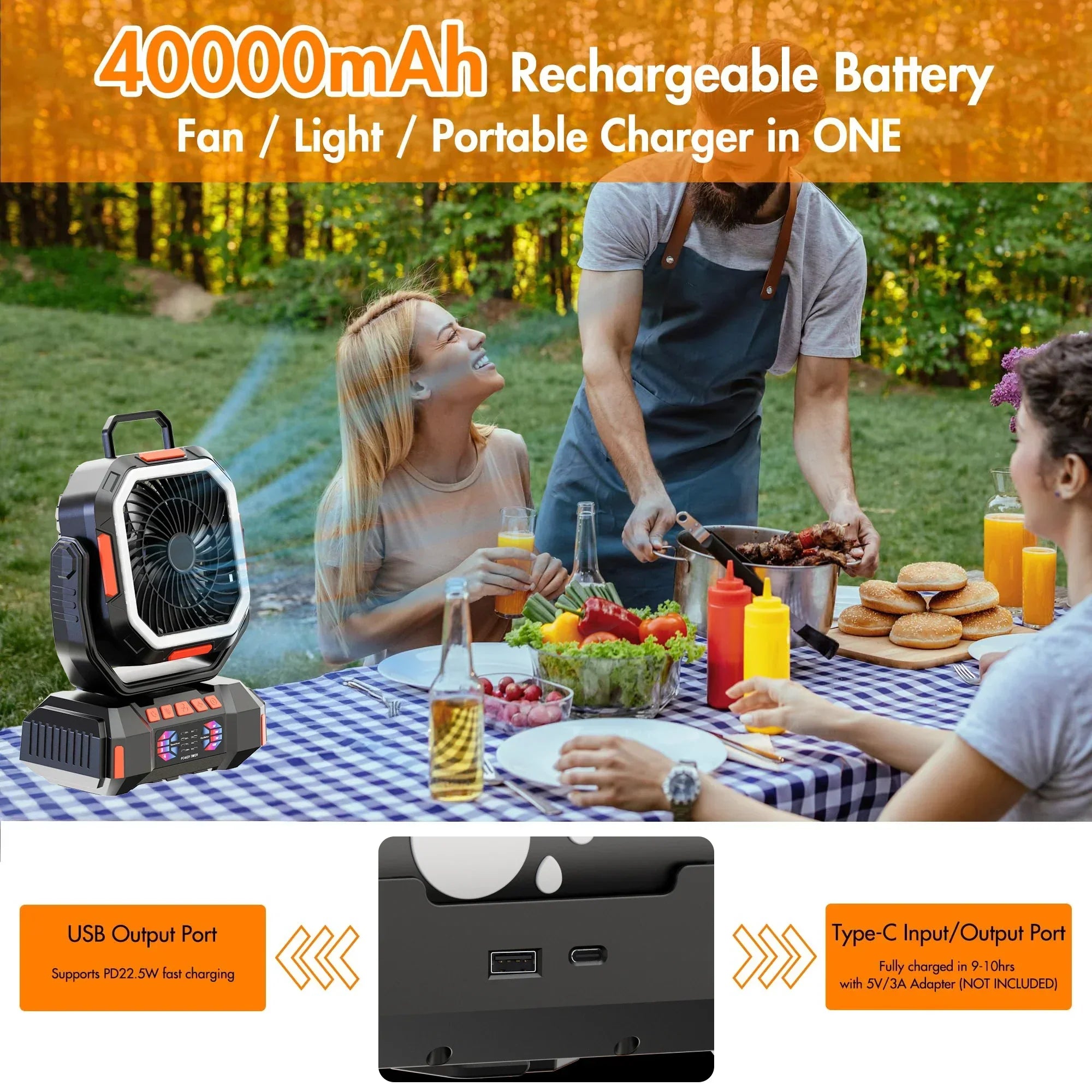 Ventilateur de camping à batterie 40000mAh avec lampe LED – F22