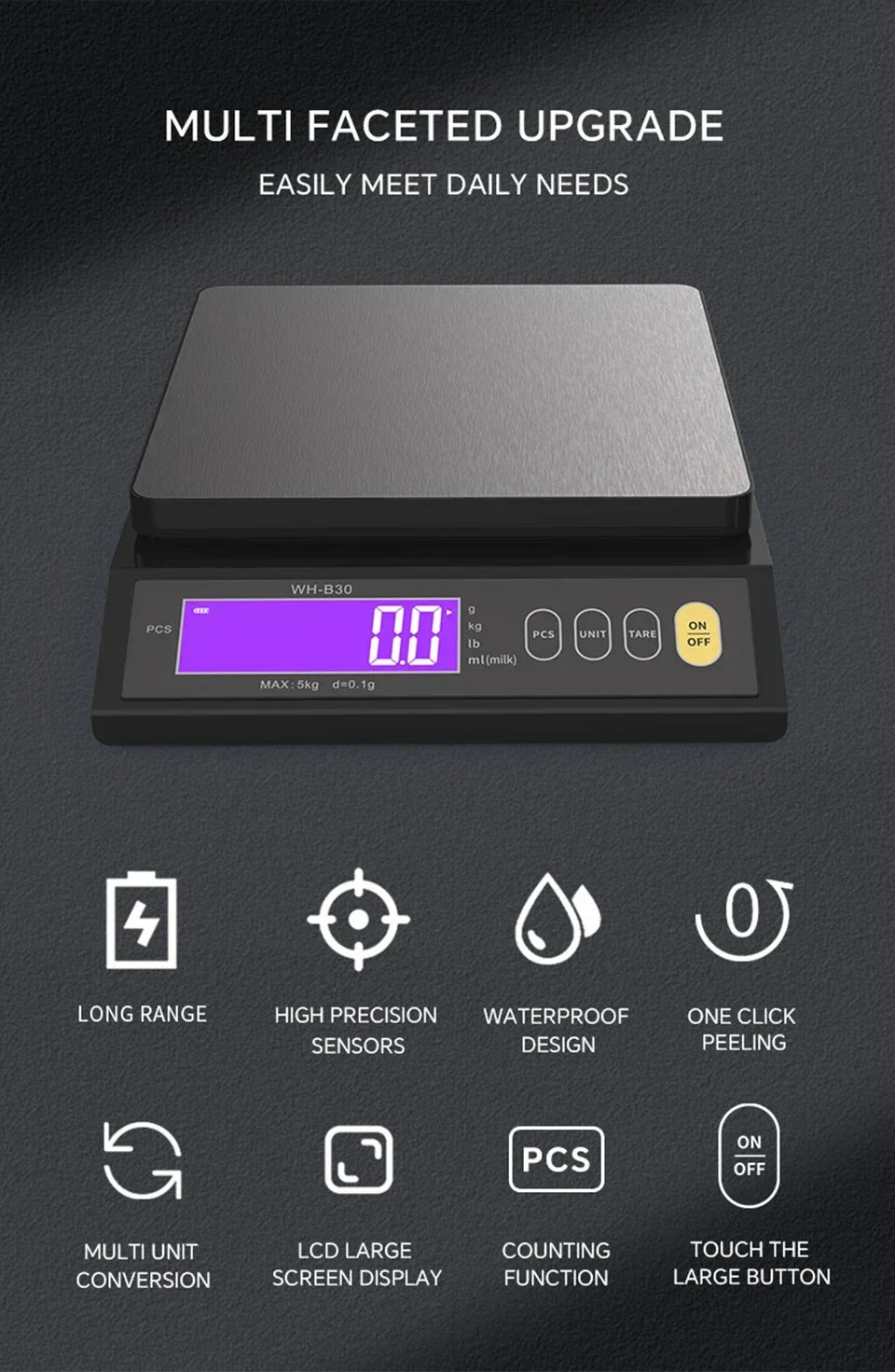 Balance de cuisine électronique numérique 5 kg/0,1 g et 10 kg/1 g, écran LCD, outil en acier inoxydable entièrement étanche pour la pâtisserie