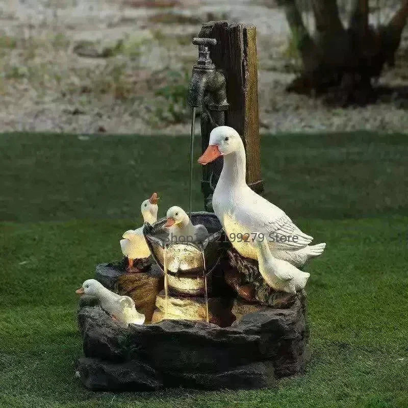 Lunaverde Fontaine Solaire Décorative Canard & Écureuil | Figurine de Jardin avec Lumière LED | Résine Artificielle Résistante aux Intempéries | Pour Terrasse & Balcon