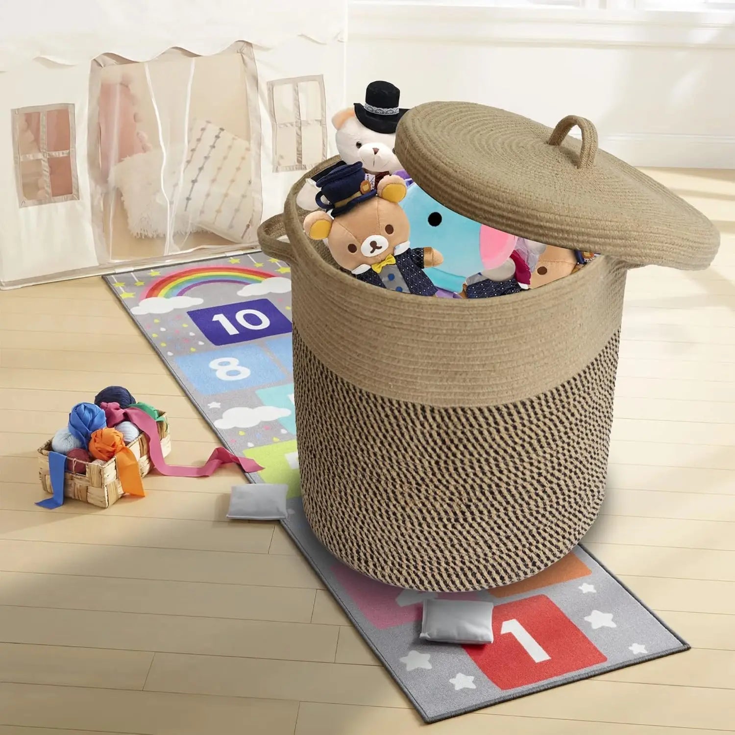 Panier tressé pour le linge et le rangement avec couvercle 60L – Amara