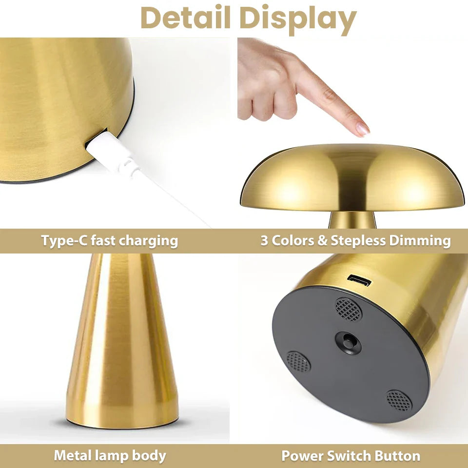 LumoShroom Lampe de Table | Design Champignon Rétro | LED & Dimmable | Rechargeable