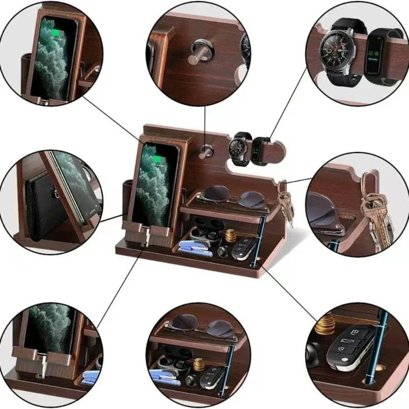 Station d'accueil pour téléphone de nuit en bois – Support multifonctionnel pour portefeuille, montre & rangement, idéal pour la Saint-Valentin