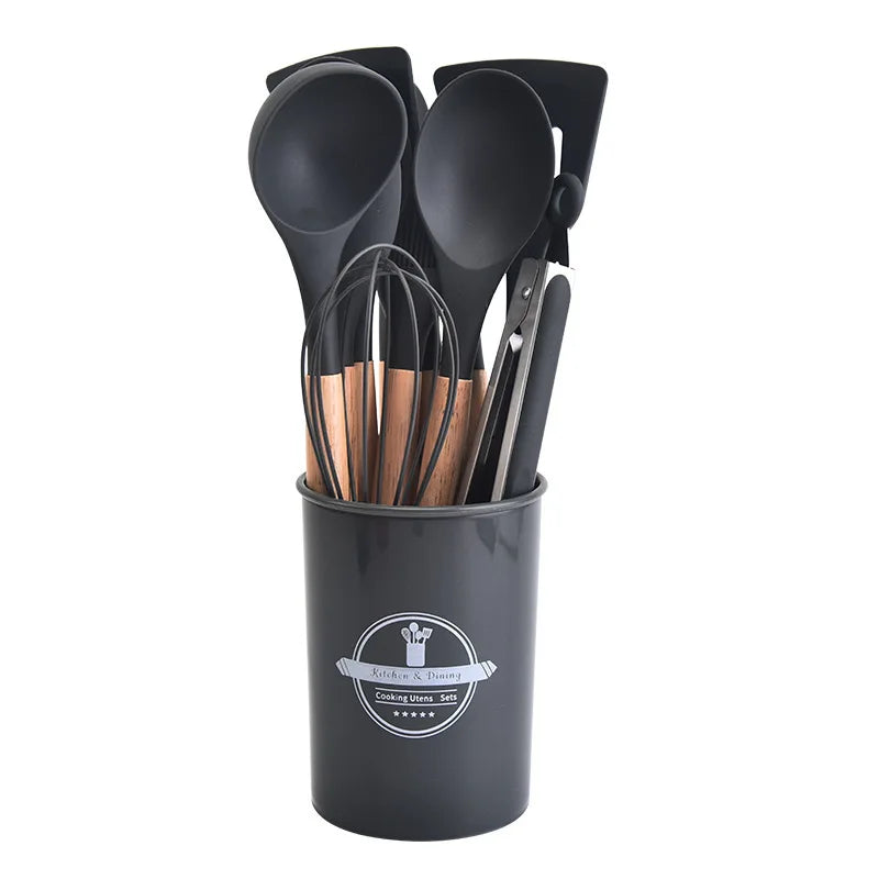 Set d'ustensiles de cuisine en silicone Culinora | Résistant à la chaleur jusqu'à 230 °C | 12 pièces avec poignées en bois | Fouet, spatule, pince et plus
