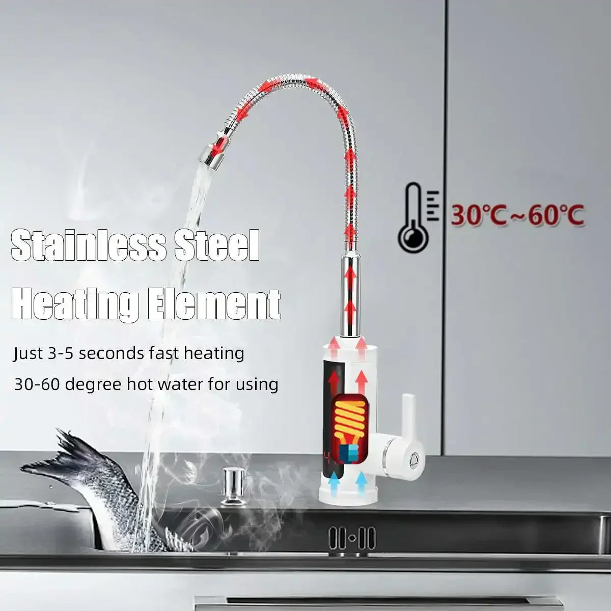 Skanto | FlowHeat 3000W Robinet de Cuisine Eau Chaud Instantané – Robinet Électrique Mélangeur avec Affichage de Température