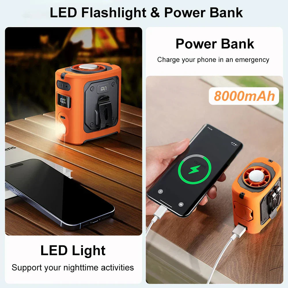 Ventilateur portable de refroidissement de 8000mAh à porter à la taille avec batterie externe et éclairage LED – FrostBreeze